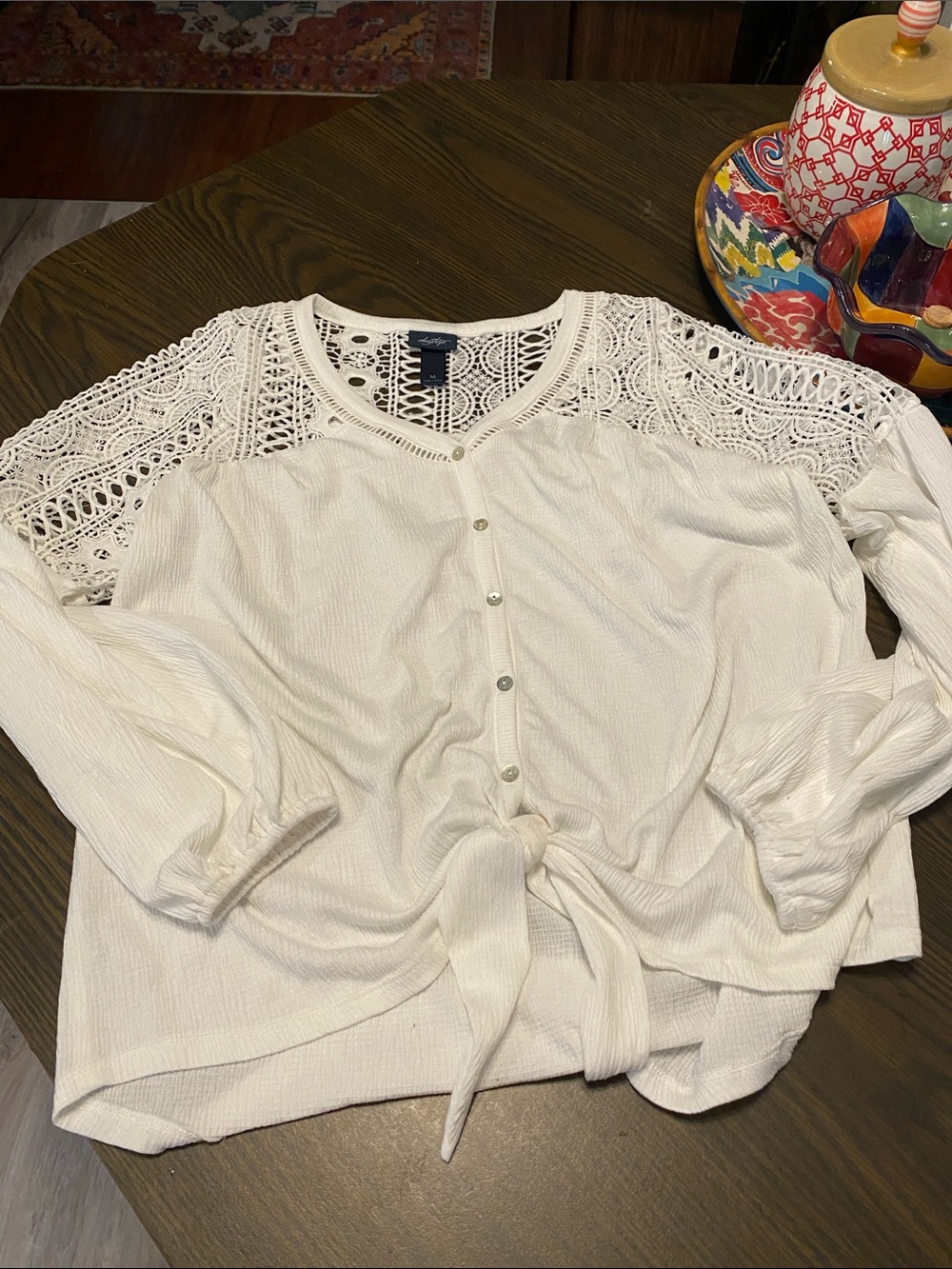 Daytrip White Crochet Yoke Button-Front Tie Hem Top